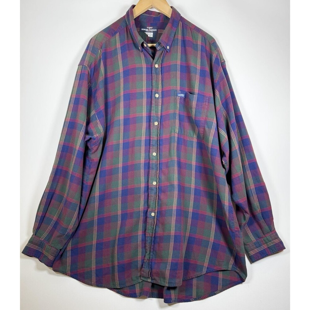 Vintage Guess Georges Marciano Shirt Mens XL Blue Green Plaid Button Up USA 90s‎
